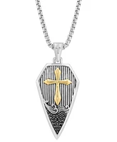 Effy Men's Black Zircon (1/8 ct. t.w.) Cross Shield 22" Pendant Necklace in Sterling Silver & 18k Yellow Gold Over Sterling Silver