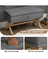 The Pop Home 35 Inch Button-Tufted Storage Ottoman, Linen Bench for End of Bed-The