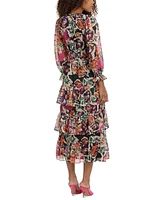 Donna Morgan Women's Printed V-Neck Tiered-Ruffle-Trim Dress