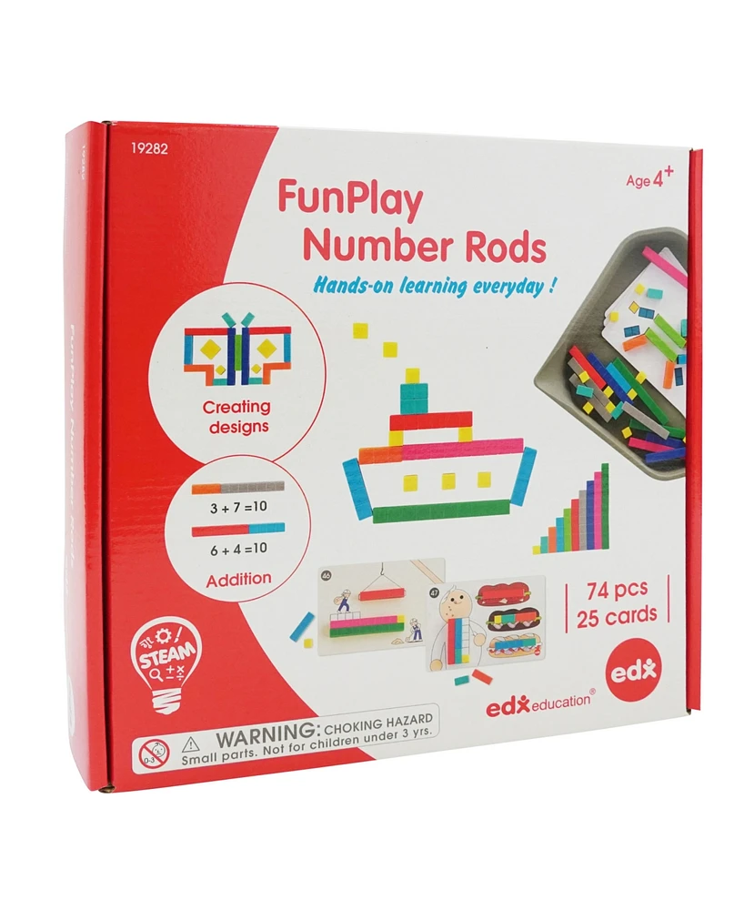 edxeducation FunPlay Number Rods, Set of 74 Math Manipulatives, 50 Activities, Messy Tray