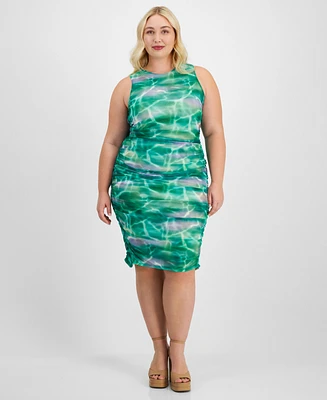 Bar Iii Trendy Plus Printed-Mesh Side-Ruched Dress, Exclusively at Macy's