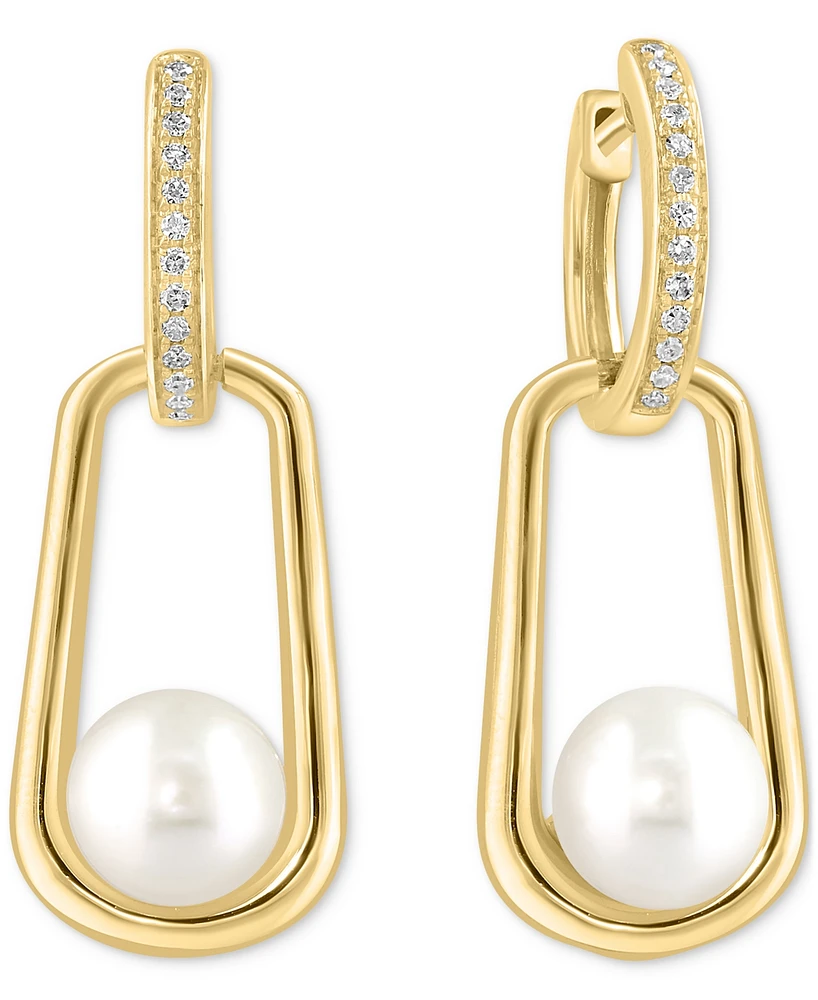 Effy Cultured Freshwater Pearl (7mm) & Diamond (1/8 ct. t.w.) Polished Oval Drop Earrings in 14k Gold