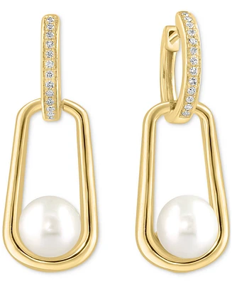 Effy Cultured Freshwater Pearl (7mm) & Diamond (1/8 ct. t.w.) Polished Oval Drop Earrings in 14k Gold