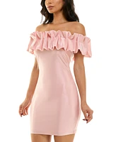 City Studios Juniors' Ruffled-Off-The-Shoulder Bodycon Shimmer Dress