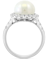 Effy Cultured Freshwater Pearl (10mm) & Diamond (5/8 ct. t.w.) Halo Ring in 14k White Gold