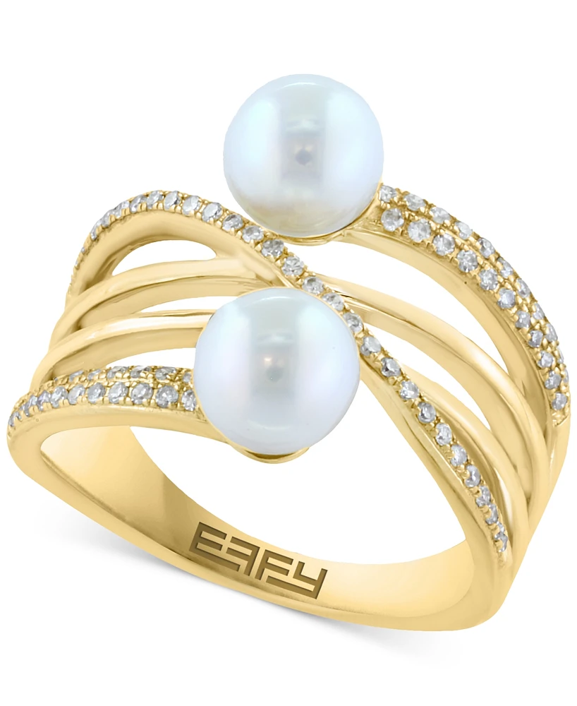 Effy Cultured Freshwater Pearl (6mm) & Diamond (1/4 ct. t.w.) Multirow Crossover Ring in 14k Gold