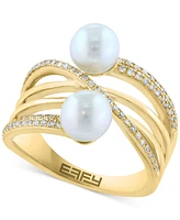 Effy Cultured Freshwater Pearl (6mm) & Diamond (1/4 ct. t.w.) Multirow Crossover Ring in 14k Gold