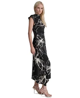 Dkny Women's Printed Mock-Neck Cap-Sleeve Crepe Dress