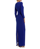 Mac Duggal Women's Long Sleeve Jersey V Neck Twist Knot Gown