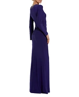 Mac Duggal Women's Long Sleeve Jersey Ruched Gown With Beaded Neck