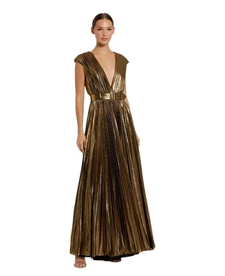 Mac Duggal Women's Pleated Metallic Jersey Gown With Belt