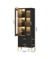 Tribesigns Bookcase with Doors and Led Light,Bookshelf 2 Drawers, Freestanding Tall Storage Cabinet for Living Room, Bathroom, Office, Kitchen