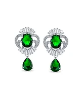 Bling Jewelry Art Deco Style Green Cz Teardrop Crown Baguette Dangle Prom Statement Earrings Silver Plated Brass