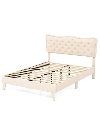 Sugift Queen Size Bed Frame with Nail Headboard and Wooden Slats