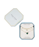 Unwritten Malachite Clover and Cubic Zirconia Bezel Layered Necklace Set