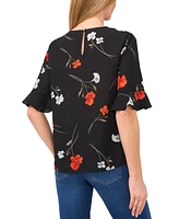 CeCe Women's Ruffled-Sleeve Floral Crewneck Top