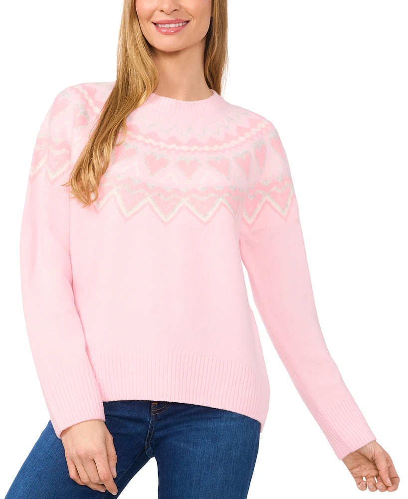 CeCe Women's Heart Fair Isle Crewneck Sweater