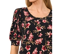 CeCe Women's Floral Shirred Scoop-Neck 3/4-Sleeve Knit Top