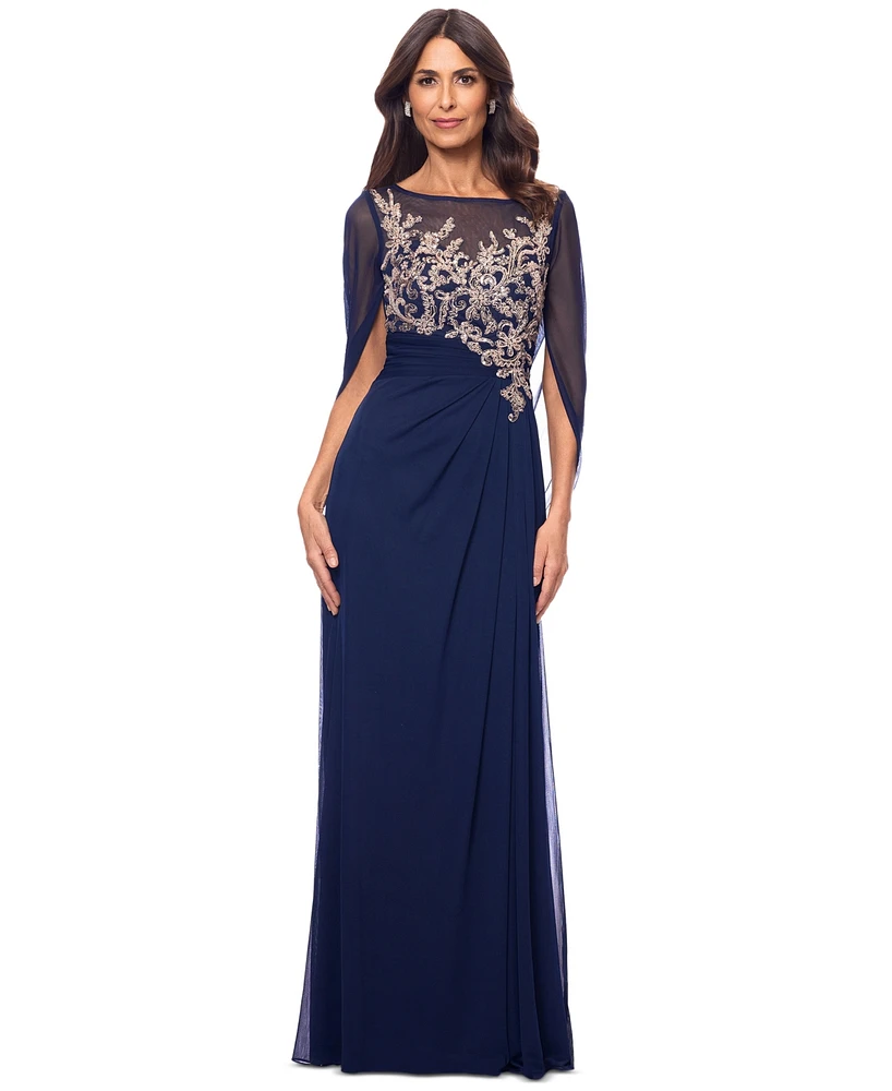 Betsy & Adam Petite Scoop-Neck Cape-Sleeve Embellished Gown