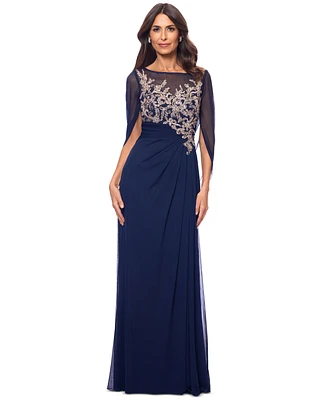 Betsy & Adam Petite Scoop-Neck Cape-Sleeve Embellished Gown