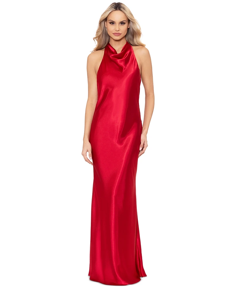 Betsy & Adam Petite Drape-Neck Halter Charmeuse Gown