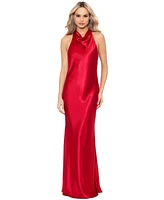 Betsy & Adam Petite Drape-Neck Halter Charmeuse Gown