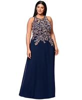 Betsy & Adam Plus Scoop-Neck Sequin Embroidered Gown