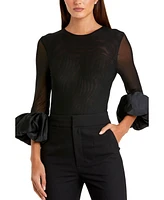 Mac Duggal Women's Mesh Long Sleeve Bodysuit With Satin Puff Sleeves