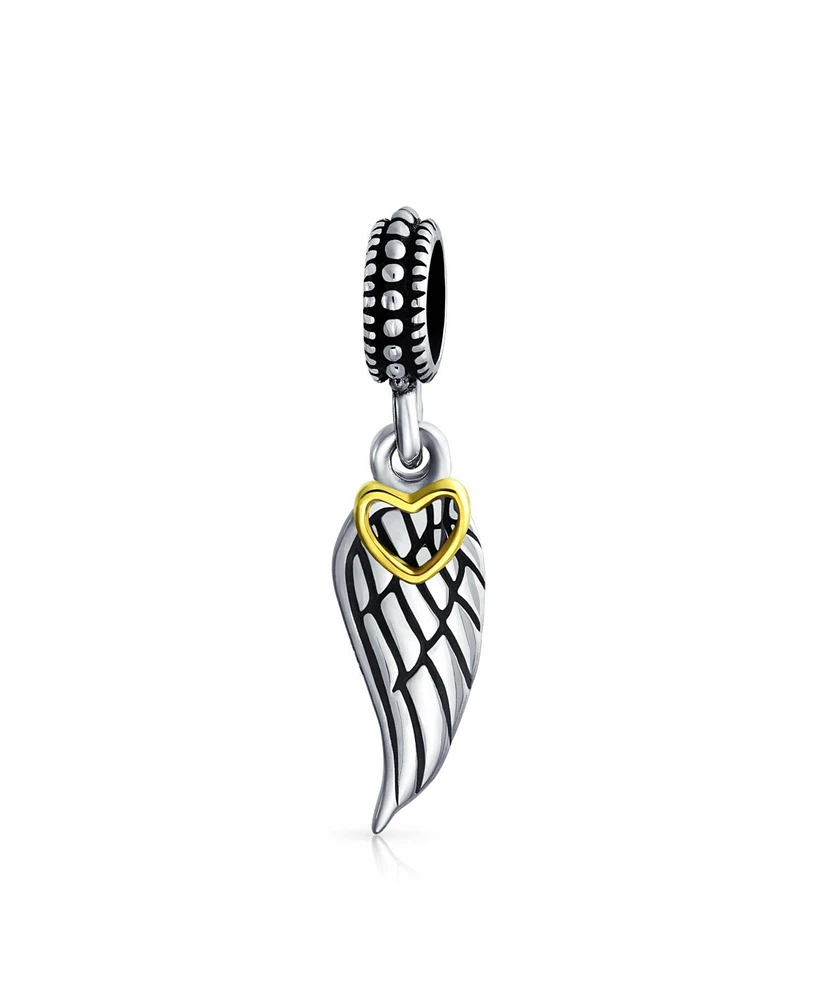 Bling Jewelry Two Tone Heart Dangle Charm Bead with Angel Wing Feather for Bracelet