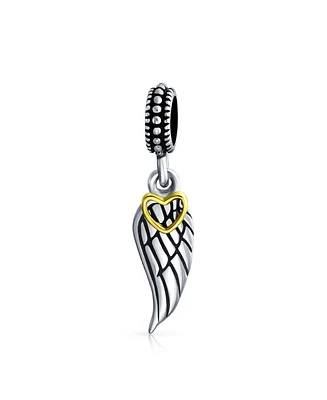 Bling Jewelry Two Tone Heart Dangle Charm Bead with Angel Wing Feather for Bracelet