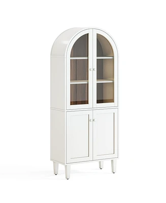 Tribesigns 68" Tall Arched Storage Cabinet, White 5-Tier Display Bookcase with Doors and Adjustable Shelves, Farmhouse Wooden Bookshelf, Kitchen Pantr