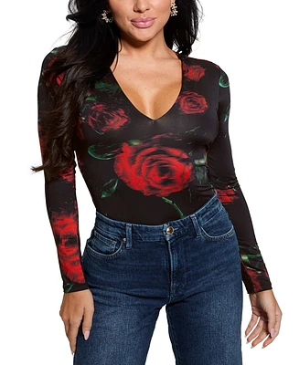 Guess Women's Bianca Rose-Print V-Neck Long-Sleeve Bodysuit