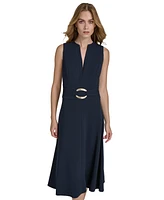 Halston Women's Split-Neck Sleeveless A-Line Dress