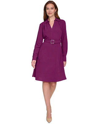 Calvin Klein Women's Belted A-Line Long-Sleeve Dress