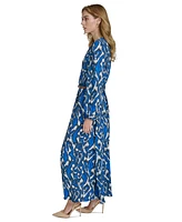 Halston Women's Printed Long-Balloon-Sleeve Belted Dress