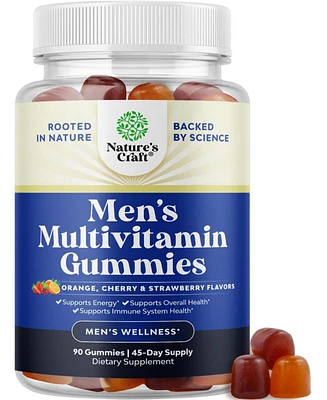 Nature's Craft Men's Multivitamin Gummies with Orange, Cherry & Strawberry Flavors, Gummies with Zinc and Biotin for Immune Support and Energy, Nature