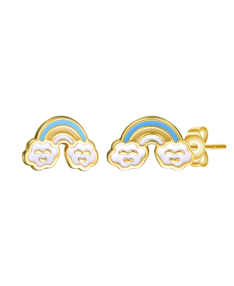 GiGiGirl Sterling Silver 14K Gold Plated Colorful Rainbow Enamel & Friendly Cloud Stud Earrings