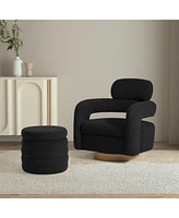 WestinTrends Mid-Century Modern Faux Sherpa Swivel Barrel Accent Chair With Storage Ottoman