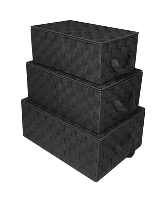 Sorbus 3 Pack Decorative Stackable Woven Basket with Lid and Built-in Rope Carry Handles - Great for Storage and Organization (Black