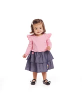 Andy & Evan Baby Girls Pink Rib Knit Top w/Attached Chambray Tiered Skirt Set