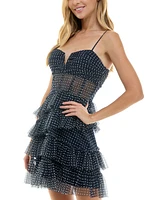 City Studios Juniors' Dot-Print Tiered-Mesh Corset Dress