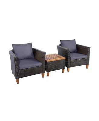 Gouun 3 Pieces Outdoor Patio Wicker Furniture Set with Cushions and Acacia Wood Table