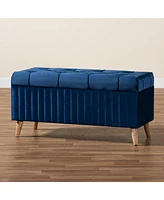 Baxton Studio Hanley Modern and Contemporary Navy Blue Velvet Fabric Upholstered and Walnut Brown Finished Wood Storage Ottoman