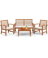 Gouun 4-Piece Acacia Wood Outdoor Furniture Set with Cushioned Chairs and Coffee Table