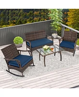 Gouun 4 Pieces Wicker Rocking Set with Bungee Rope Seat for Porch Yard
