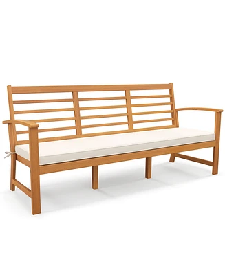 Gouun Patio 64 Inch Wood Bench with Seat Cushion and Slatted Seat for Backyard-Off