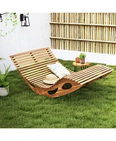 Gouun Slatted Acacia 2-Seat Patio Dual Rocker Sunbed Wood Lounger with Ergonomic Curved Seat