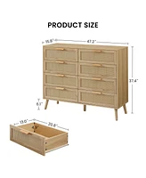 Lovmor Bedroom dresser, 8 Double Dresser with rattan drawers, wood chest of drawers for kids room, living room, entry and hallway, Natural, 47.2''W x