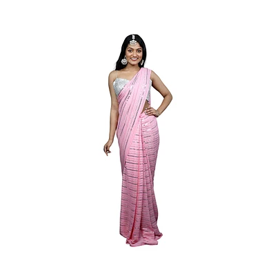 One Minute Saree Women's Puja Pink Georgette Silver Sequins Ready to Wear Sari