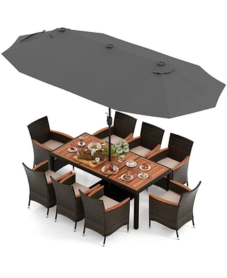 Gouun 11 Pieces Patio Dining Set with 15 Feet Double-Sided Patio Umbrella and Base